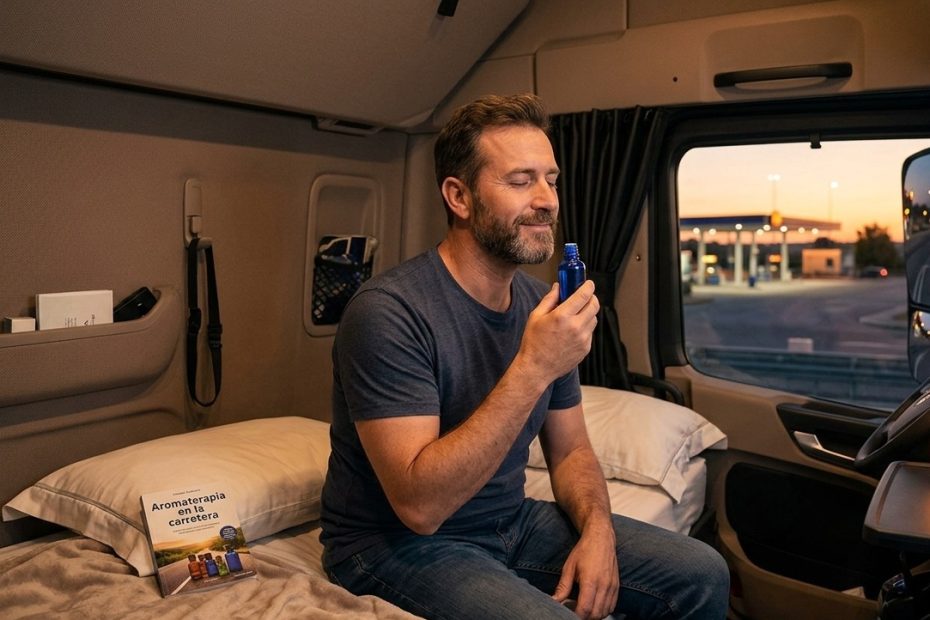 Un camionero profesional relajándose en la litera de su cabina mientras inhala aceites esenciales de un difusor USB para mejorar el descanso, ilustrando los beneficios de la aromaterapia para camioneros.
